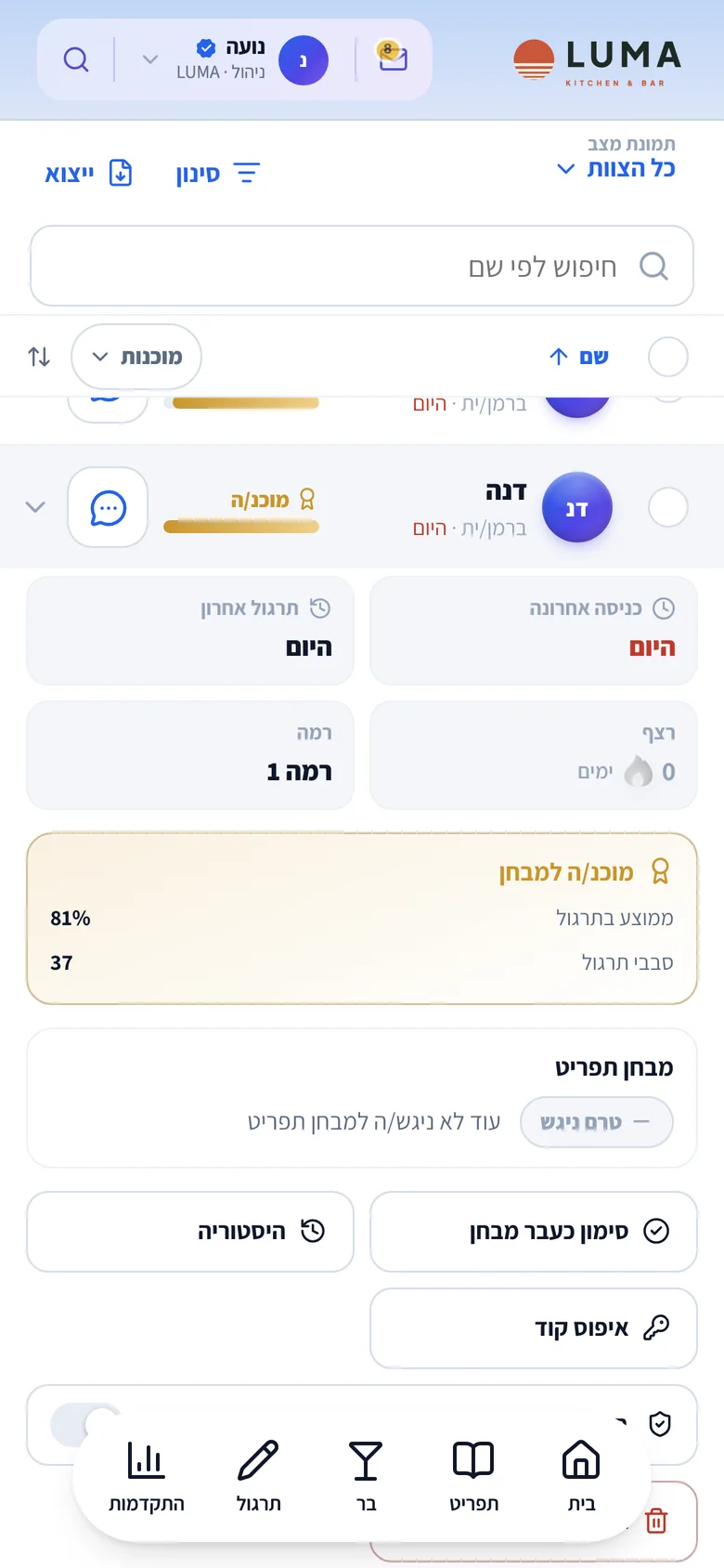 כרטיס עובד פתוח: כניסה אחרונה, רצף, מוכנות למבחן, ממוצע וסבבי תרגול